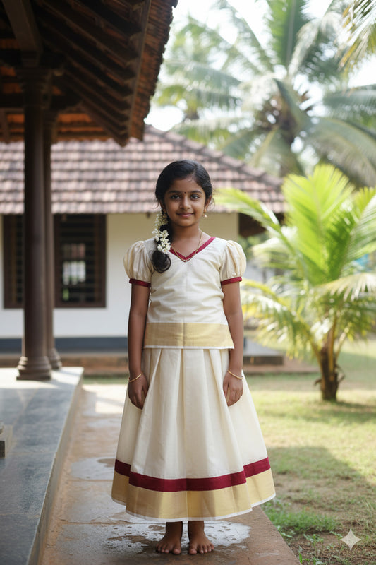 Kerala tissue pattu pavada with maroon velvet border for kids