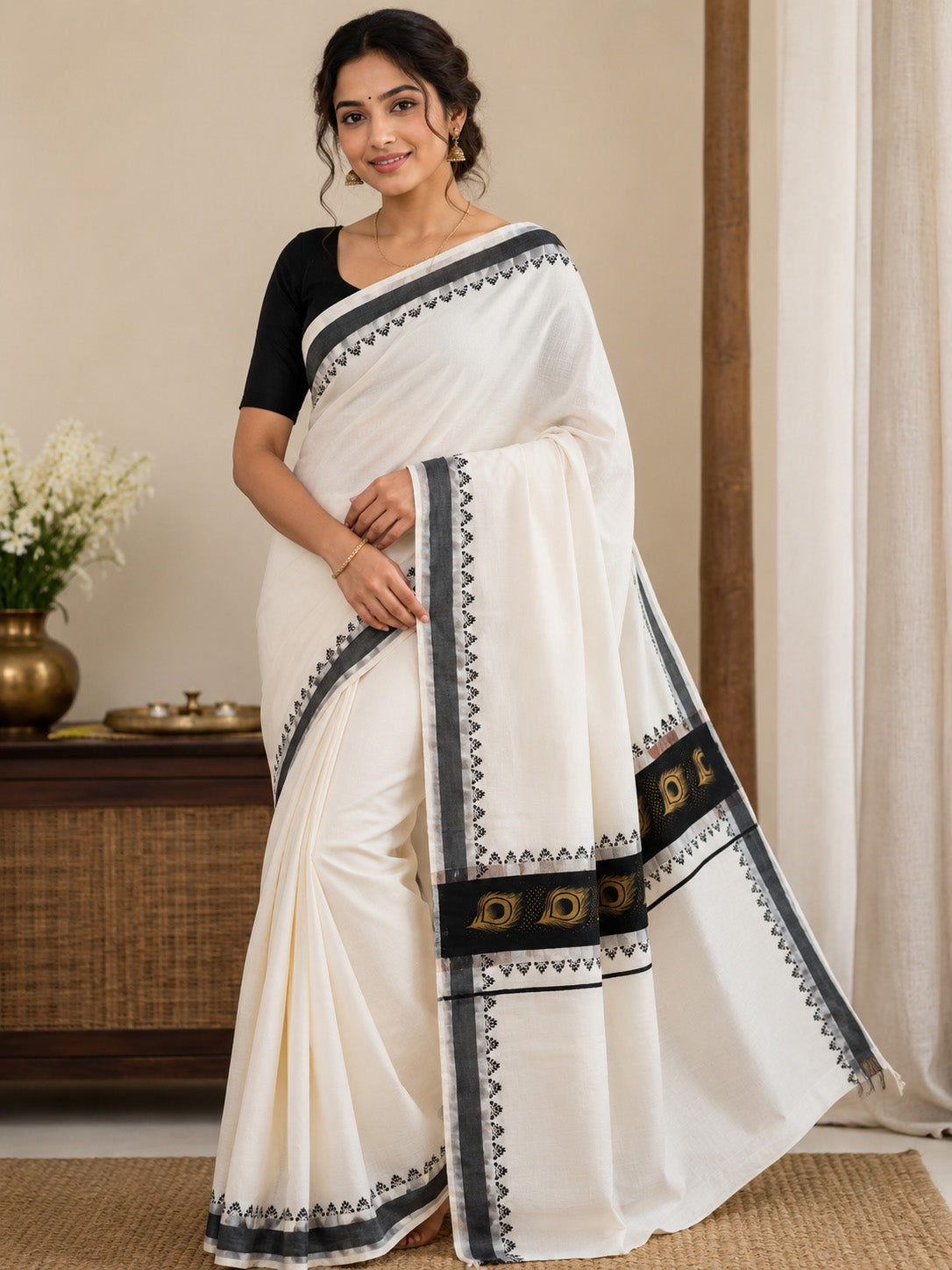 Black design with golden peeli kerala cotton black kara kasavu saree