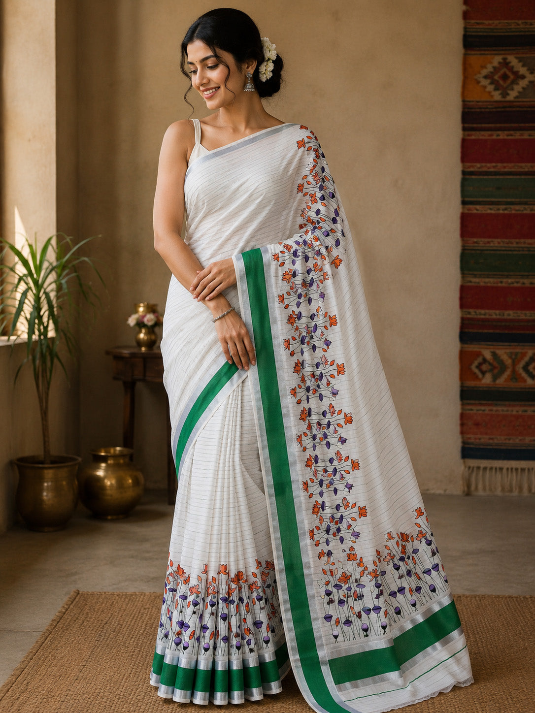 Flower design kerala cotton green silver kasavu kerala saree
