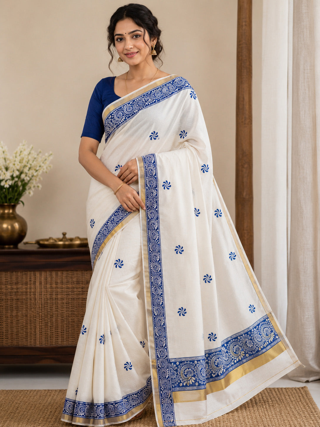 Traditional flower design premium quality kerala cotton kasavu saree