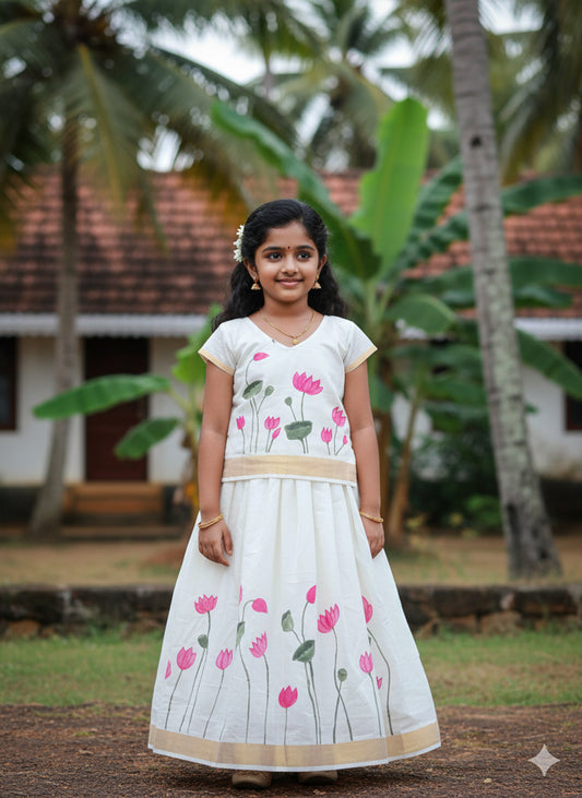 Lotus and leaf designer hand mural painting kerala kasavu pattu pavada for kids