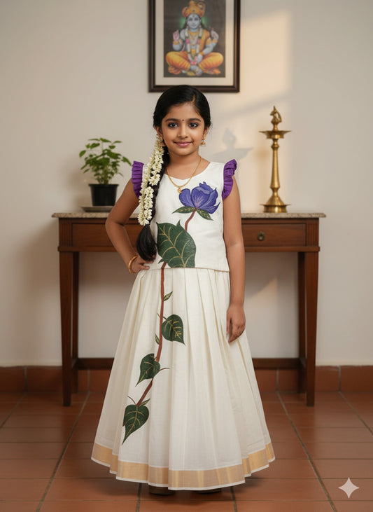 Blue flower and leaf designer hand mural painting kerala pattu pavada for kids