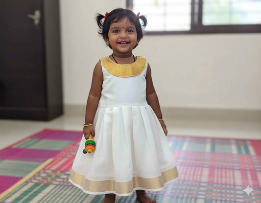 Kerala kasavu frock with golden lace design for kids
