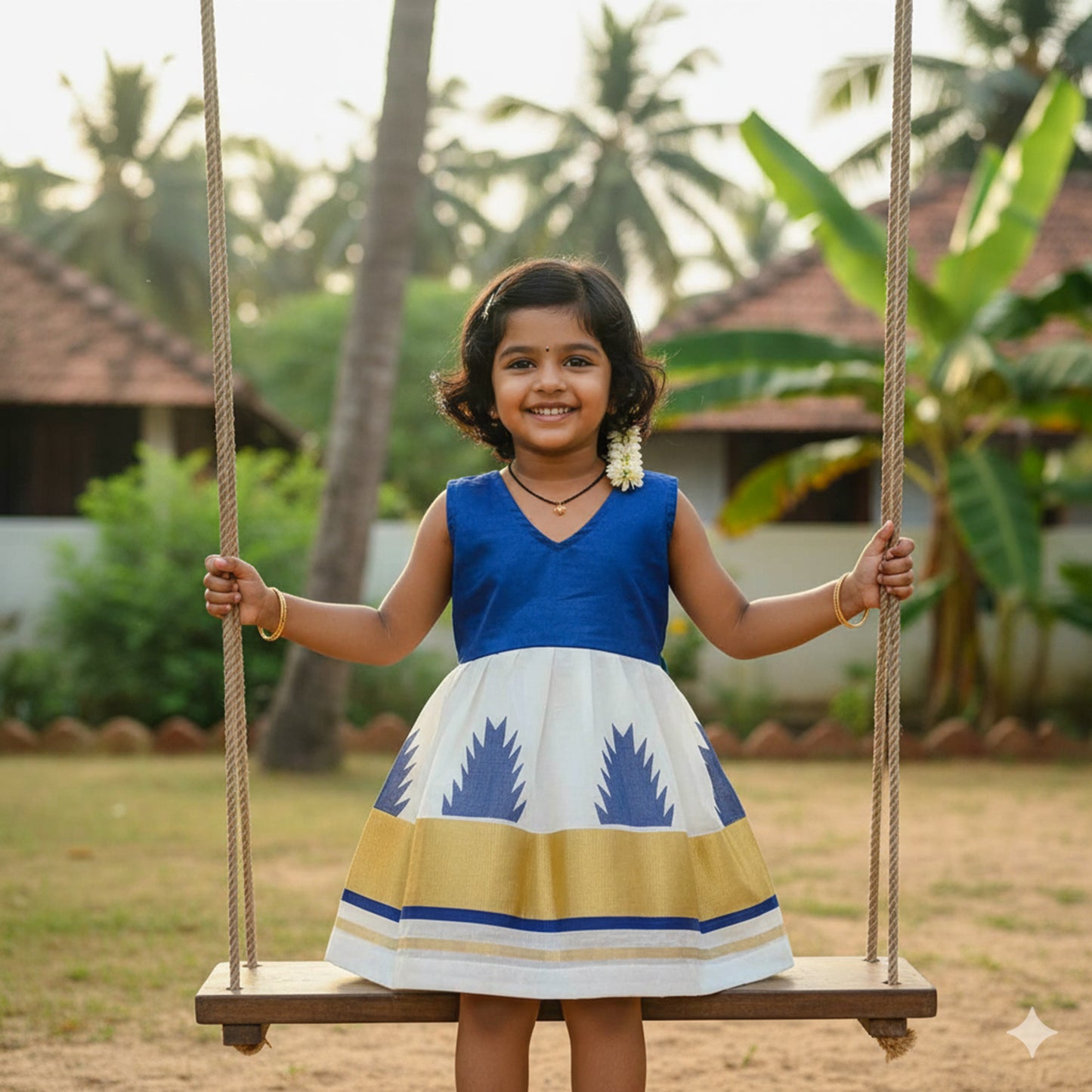 Printed blue temple border design kerala kasavu frock for kids