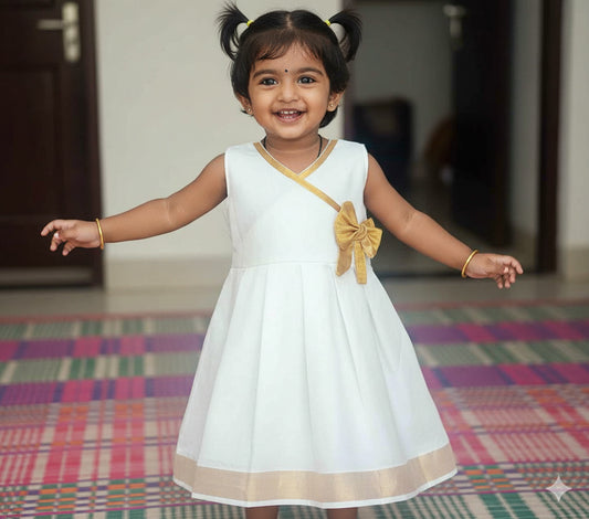 Kerala kasavu frock with bow desgn for kids