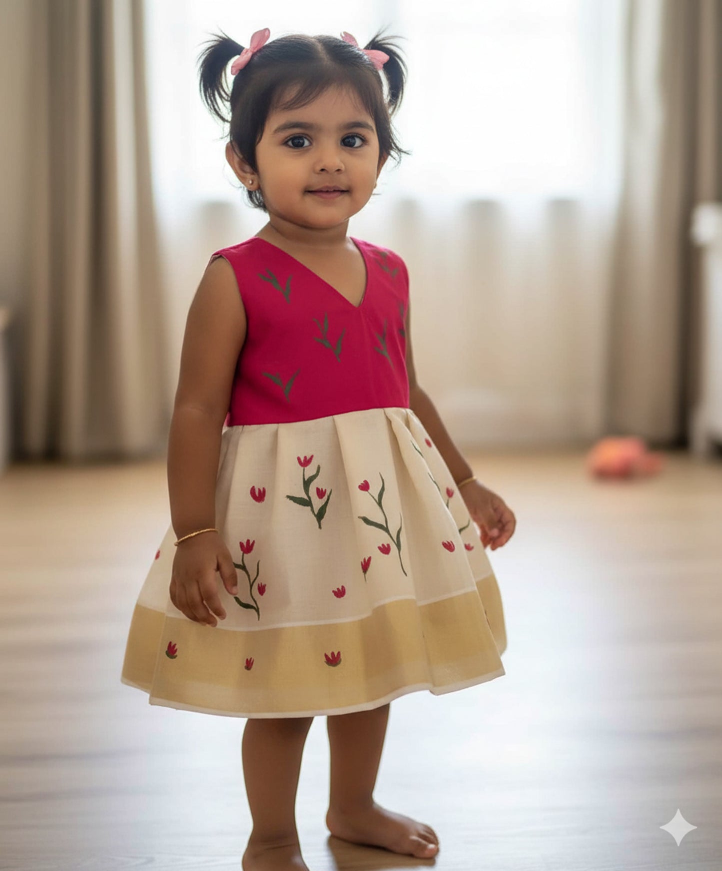 Hand mural painting kerala tissue kasavu frock with flower and leaf design for kids