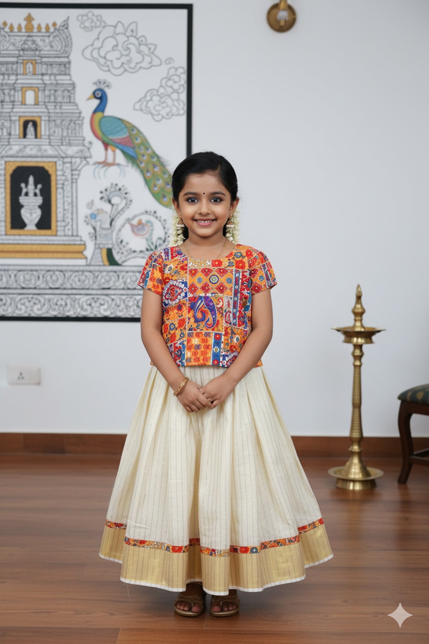 Line design kerala tissue kids pattu pavads with kalamkari border and blouse