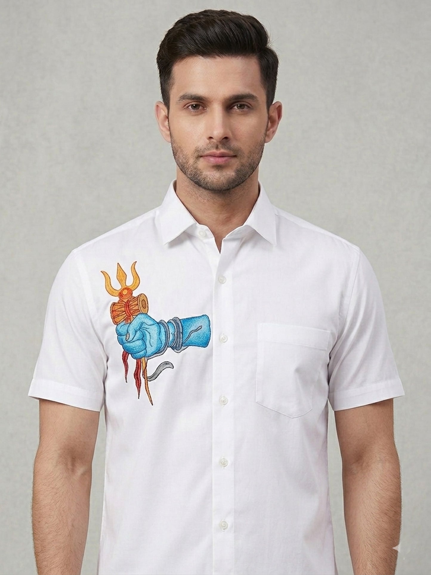 Shiva hand with trishula hand painting white cotton shirt