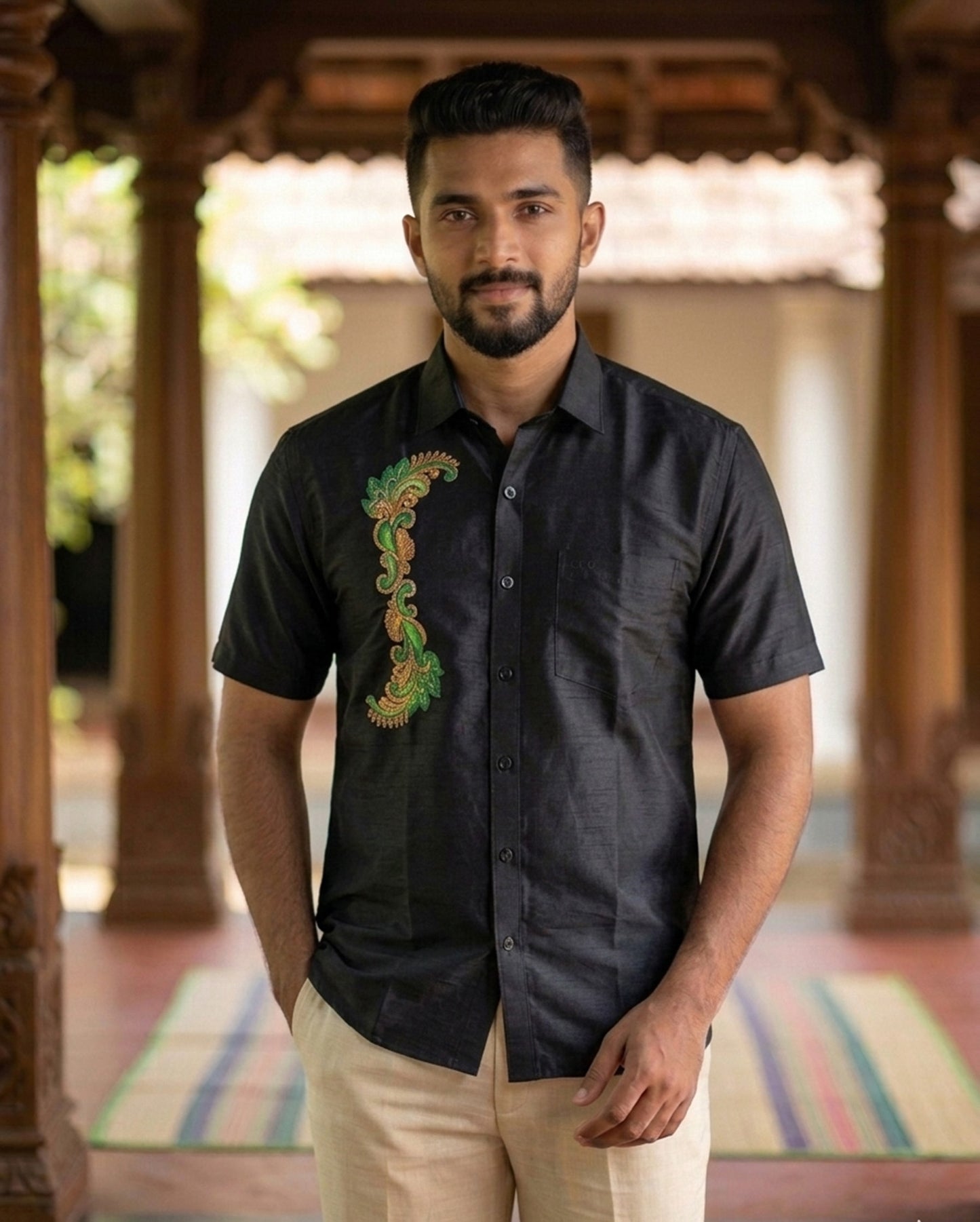 Mural design hand painting work on black cotton shirt