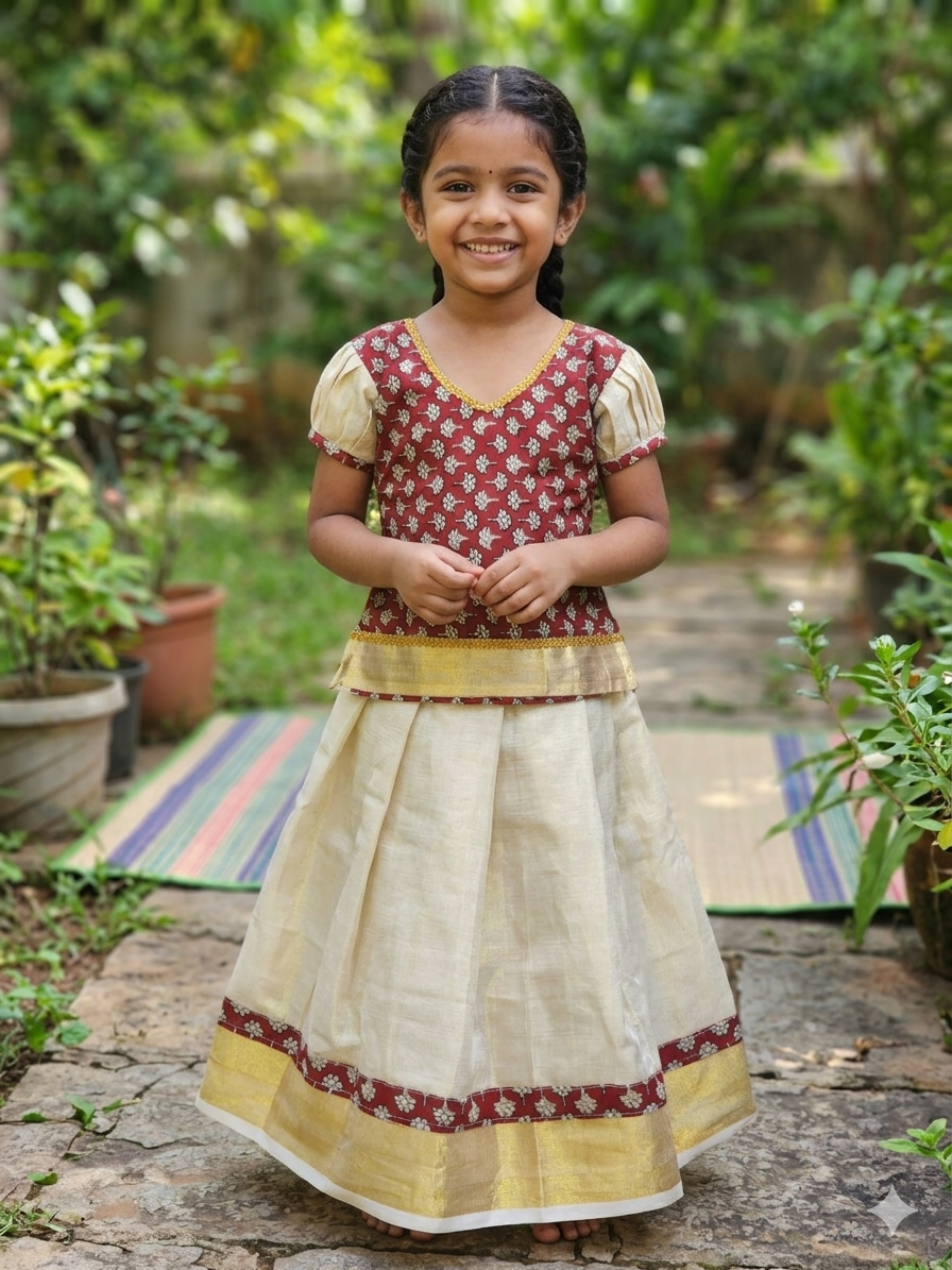 Maroon kalamkari design kerala tissue pattu pavada for kids
