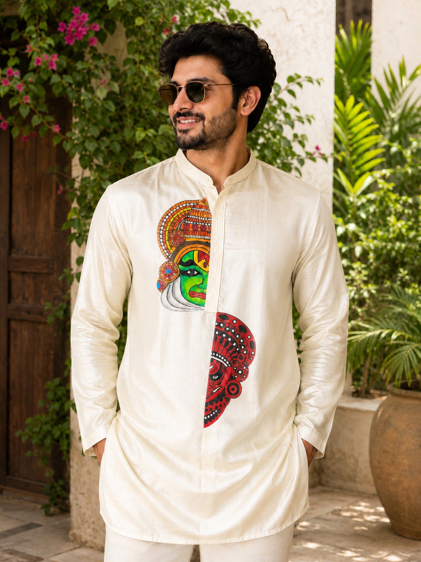 Kathakali theyyam combo hand mural painting cream silk kurta