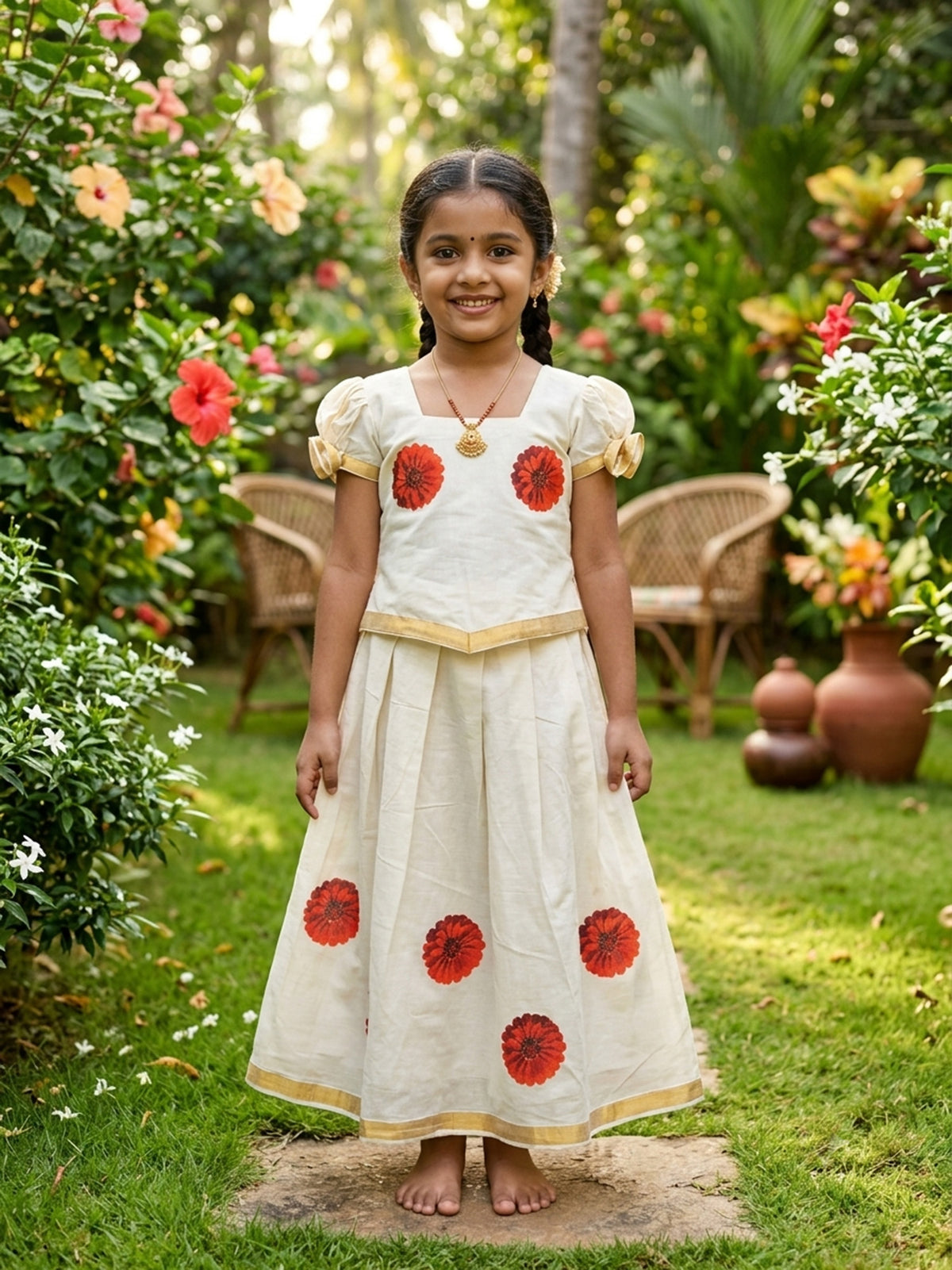 Red flower design kerala cotton kids pattu pavada