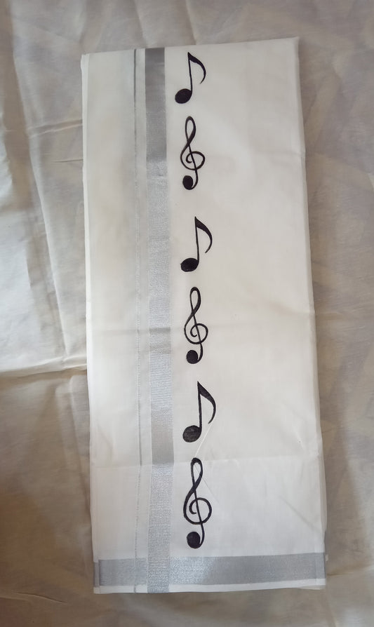 Musical rhythm design hand painting cotton kasavu mundu - 4mtr