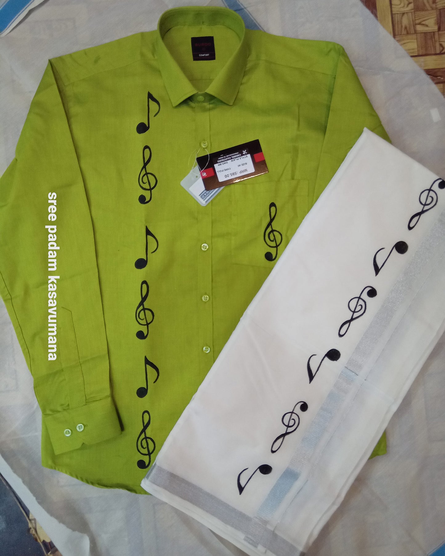 Rhythm note design hand painting green cotton shirt with mundu