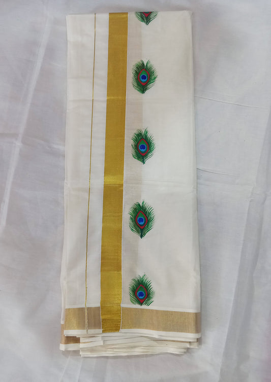 Green shade mazhilpeeli hand mural painting on kasavu mundu