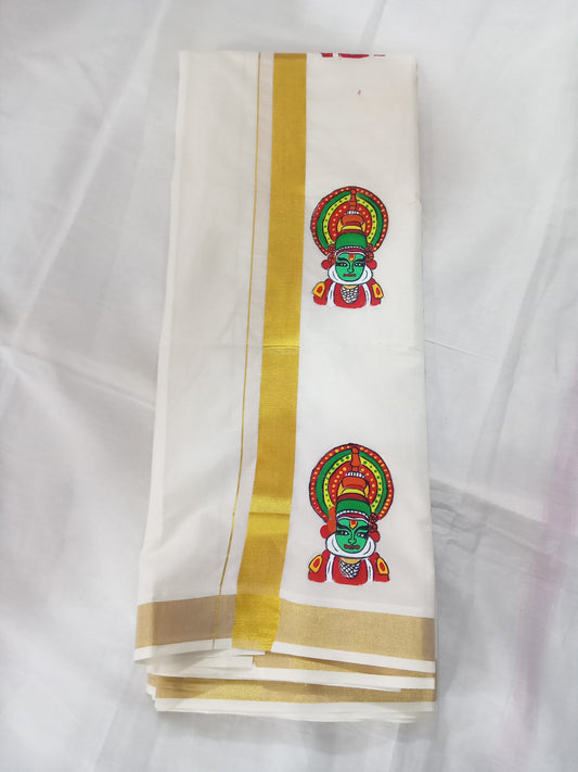 Kathakali face hand mural painting on kasavu mundu or dhoti
