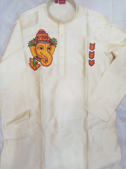 Ganapathi hand mural painting on cream silk kurta