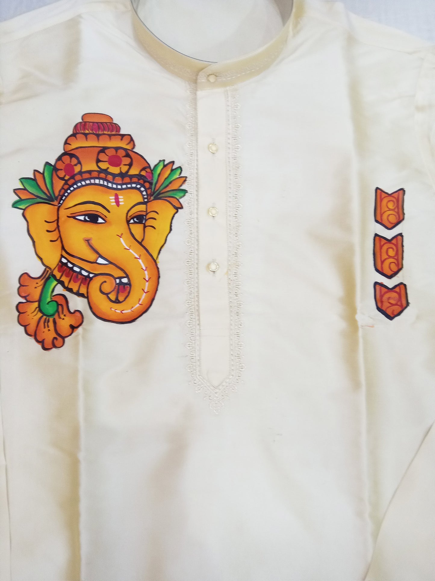 Ganapathi hand mural painting on cream silk kurta
