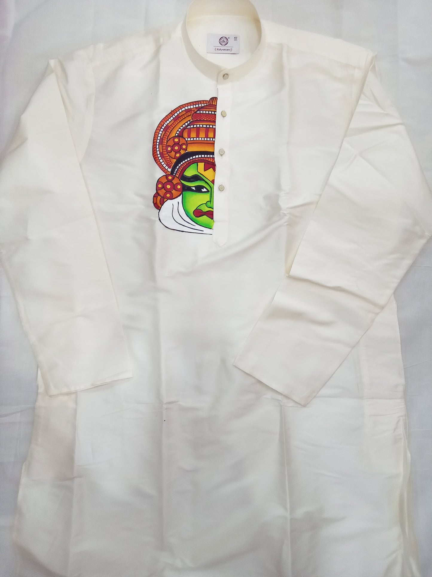 Half kathakali hand mural painting on cream silk kurta