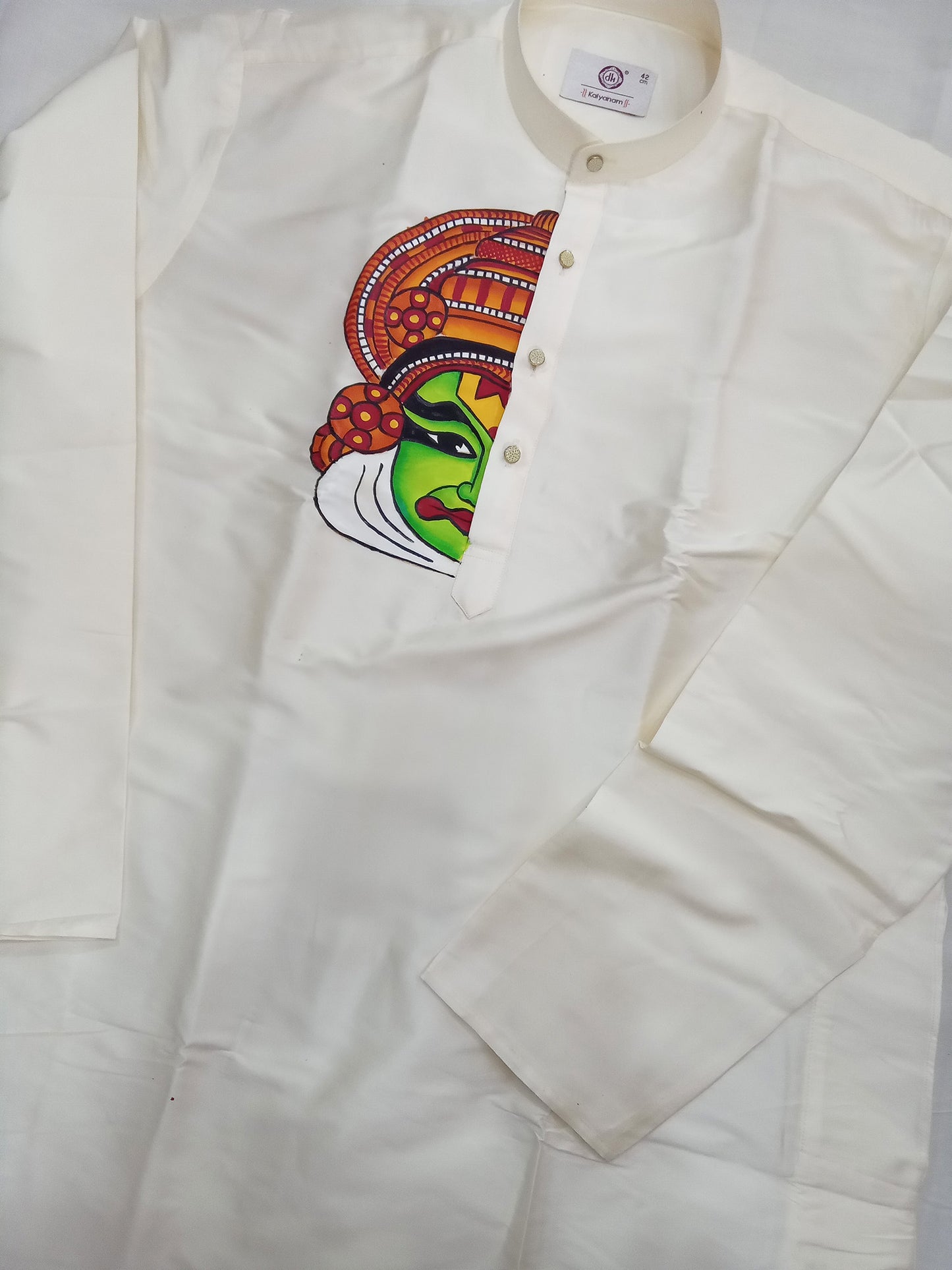 Half kathakali hand mural painting on cream silk kurta