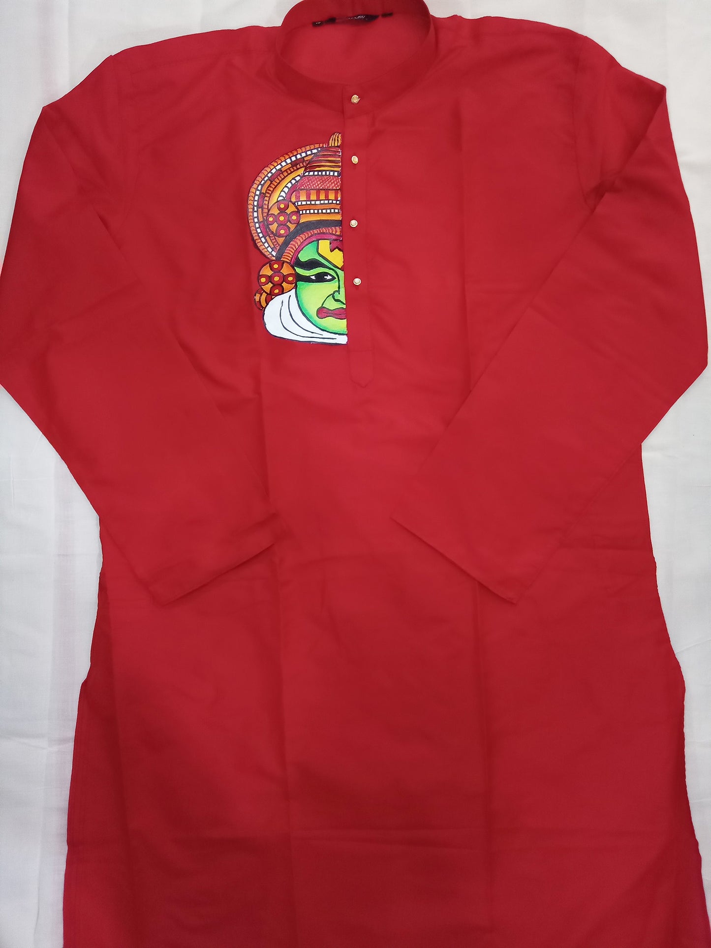 Half kathakali hand mural painting on red silk kurta