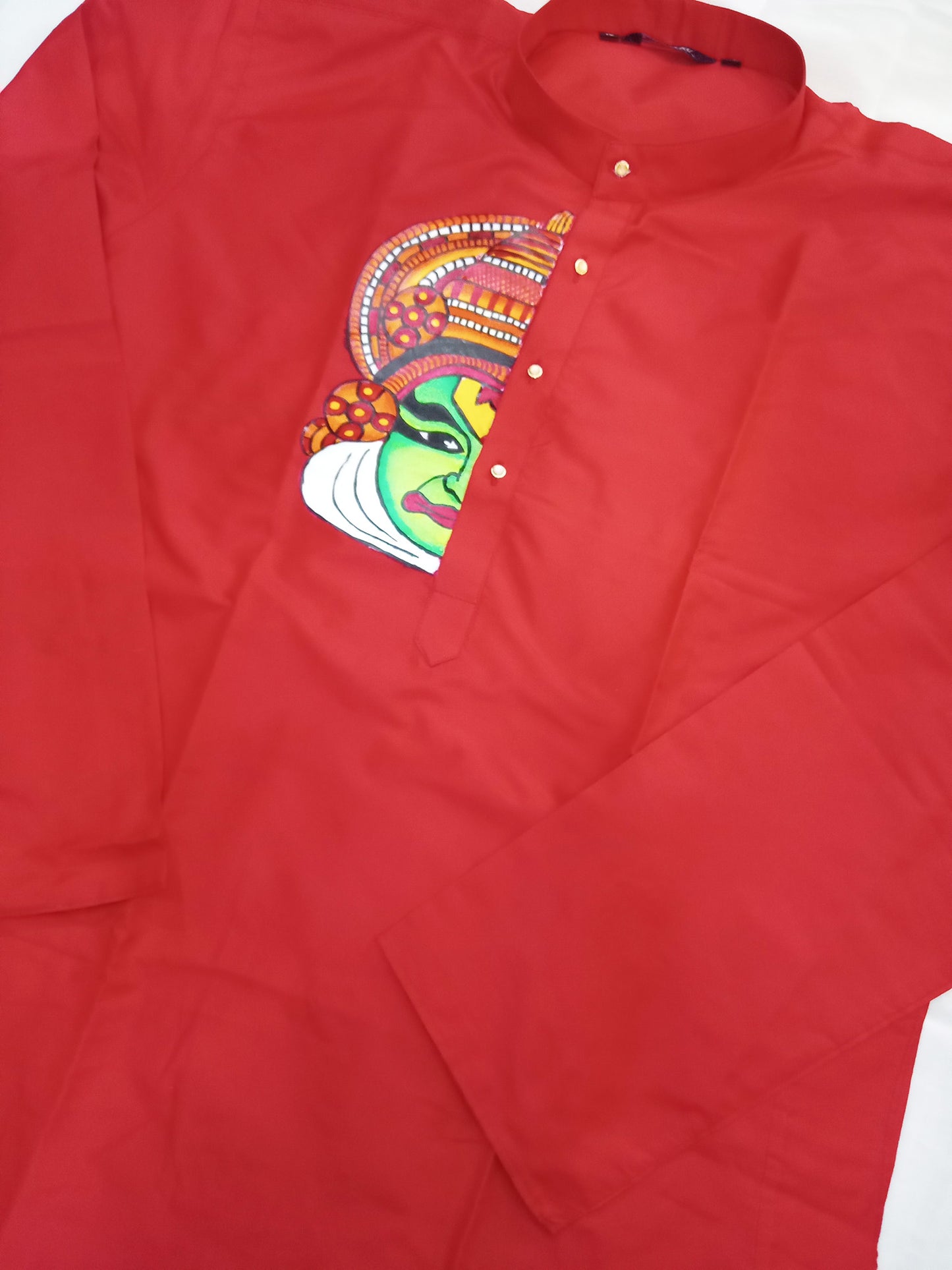Half kathakali hand mural painting on red silk kurta