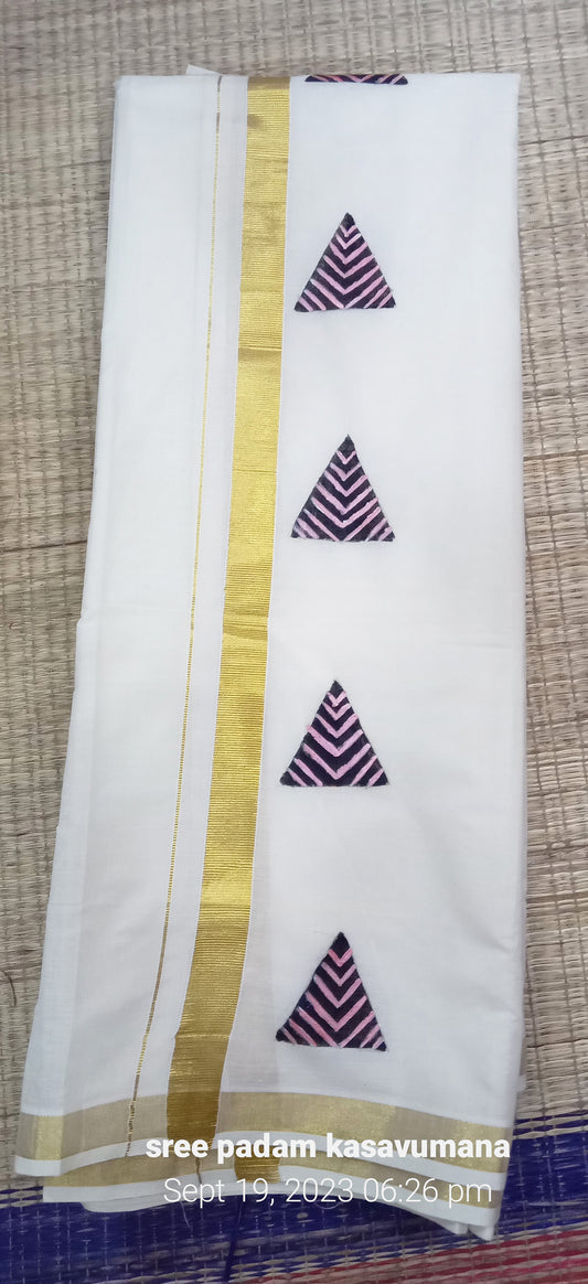 Block design hand painting on kerala kasavu mundu