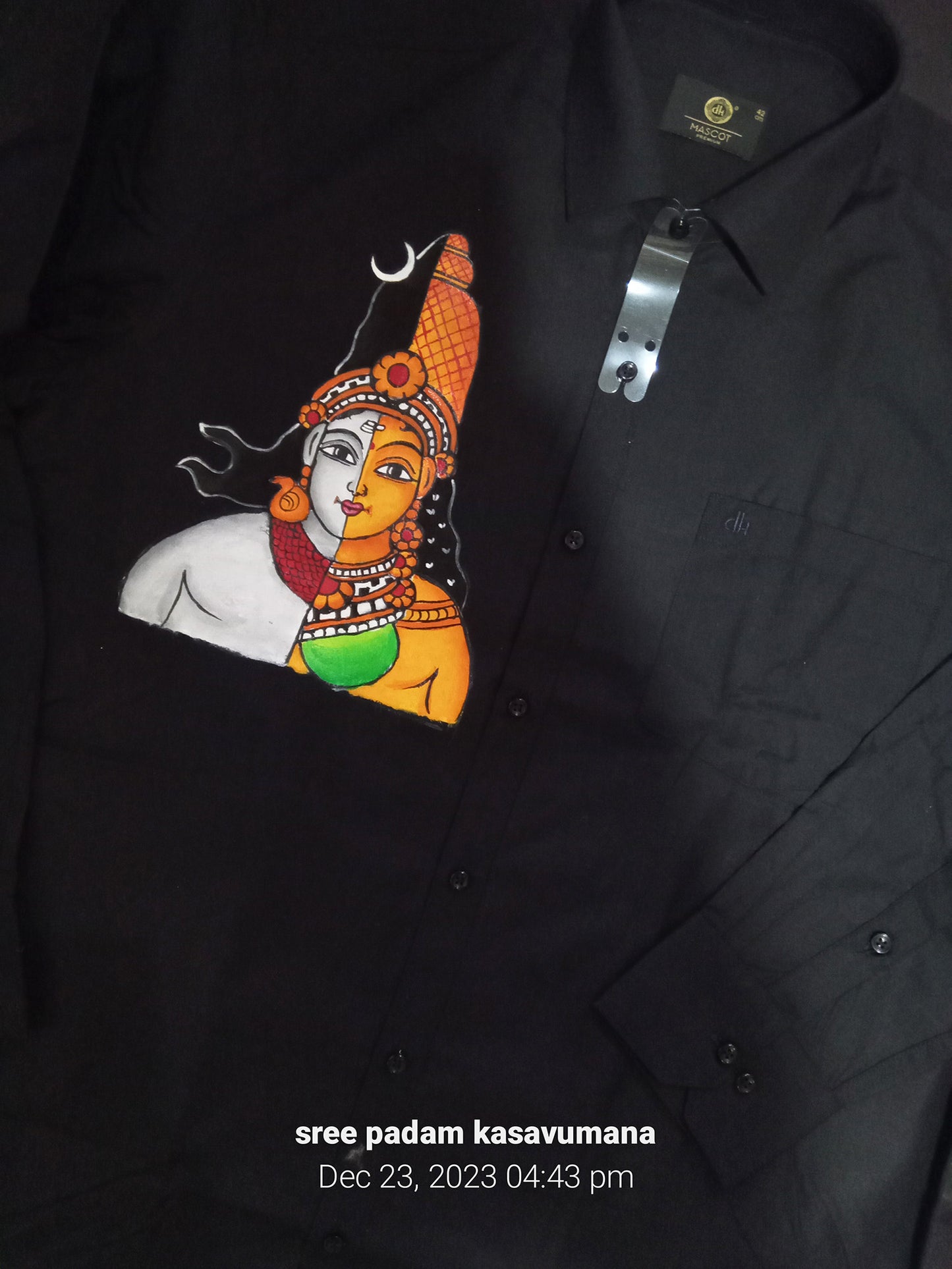 Shiva Parvathi Ardhanarishvara design hand mural painting on black cotton shirt