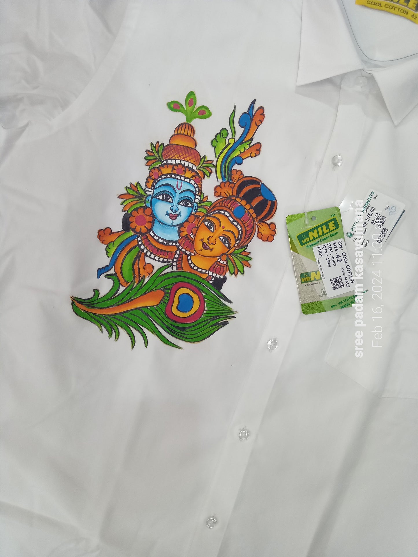 Krishna Radha with peeli hand mural painting on white shirt