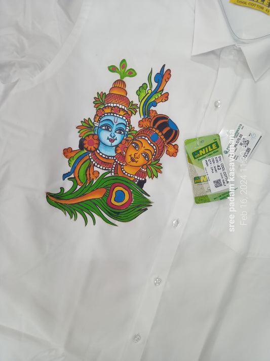 Krishna Radha with peeli hand mural painting on white shirt