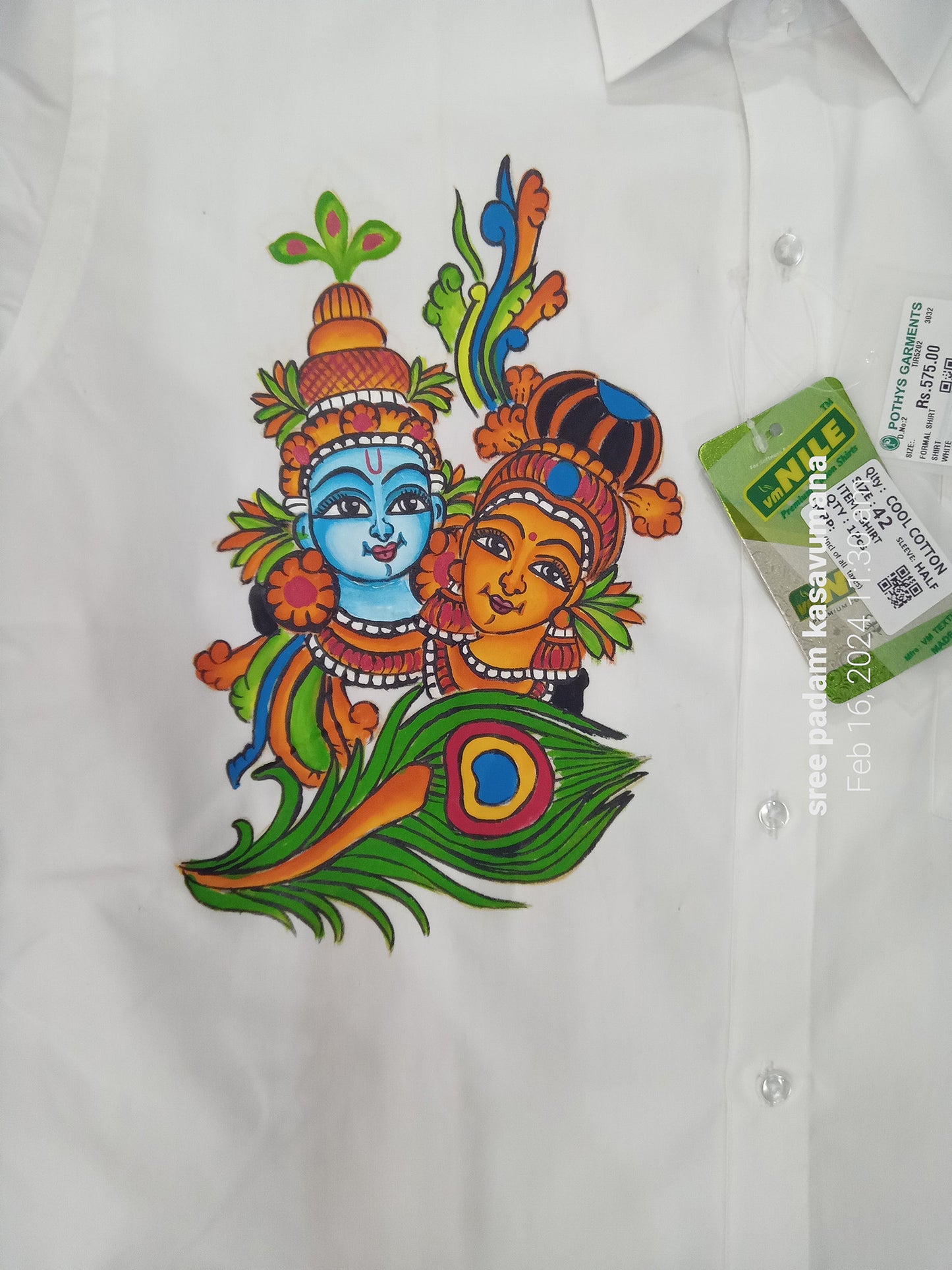 Krishna Radha with peeli hand mural painting on white shirt
