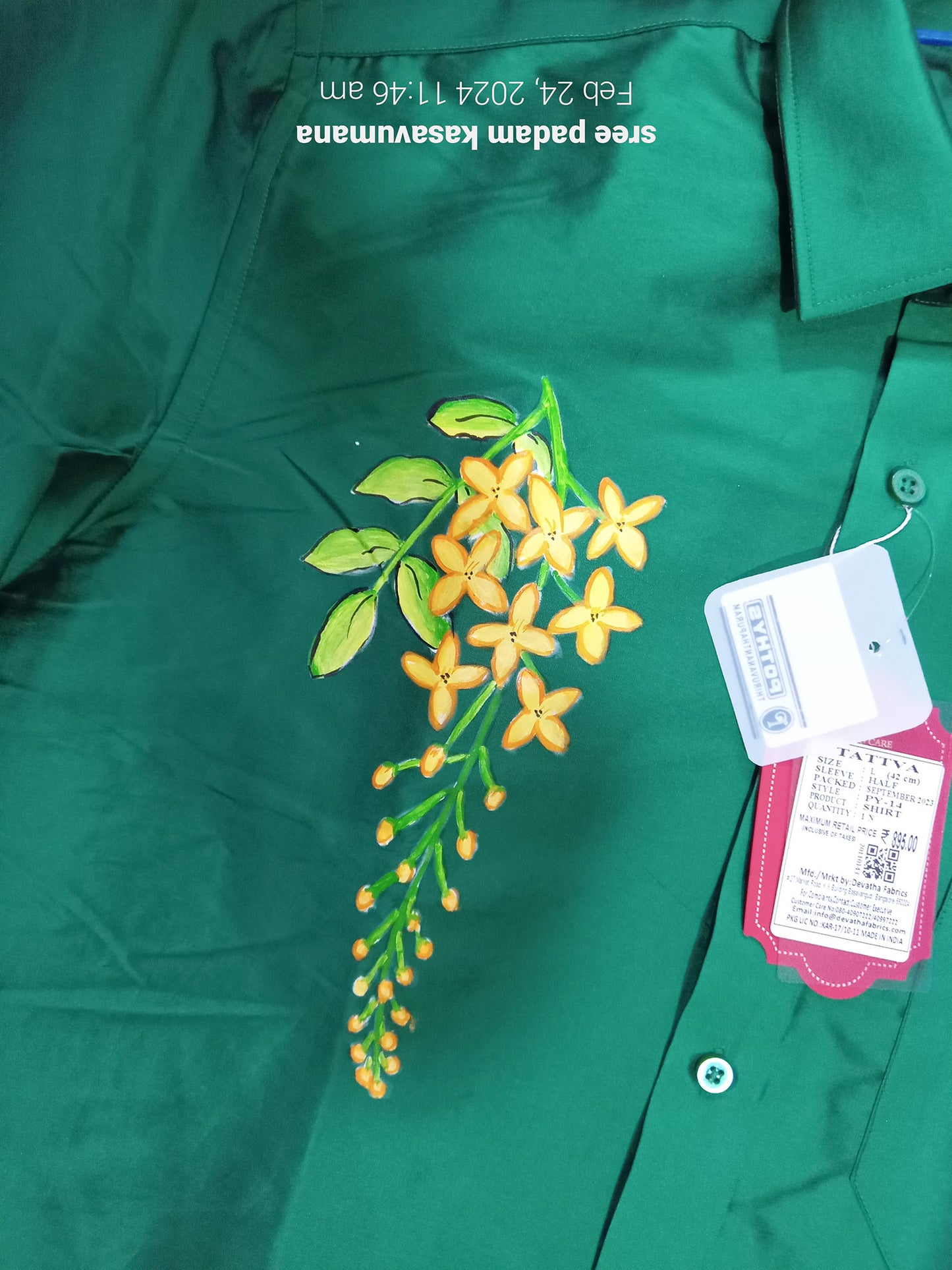 Vishu special Kannikonna design hand mural painting on green silk shirt