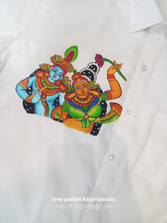 Beautiful Krisha Radha hand mural painting on white shirt