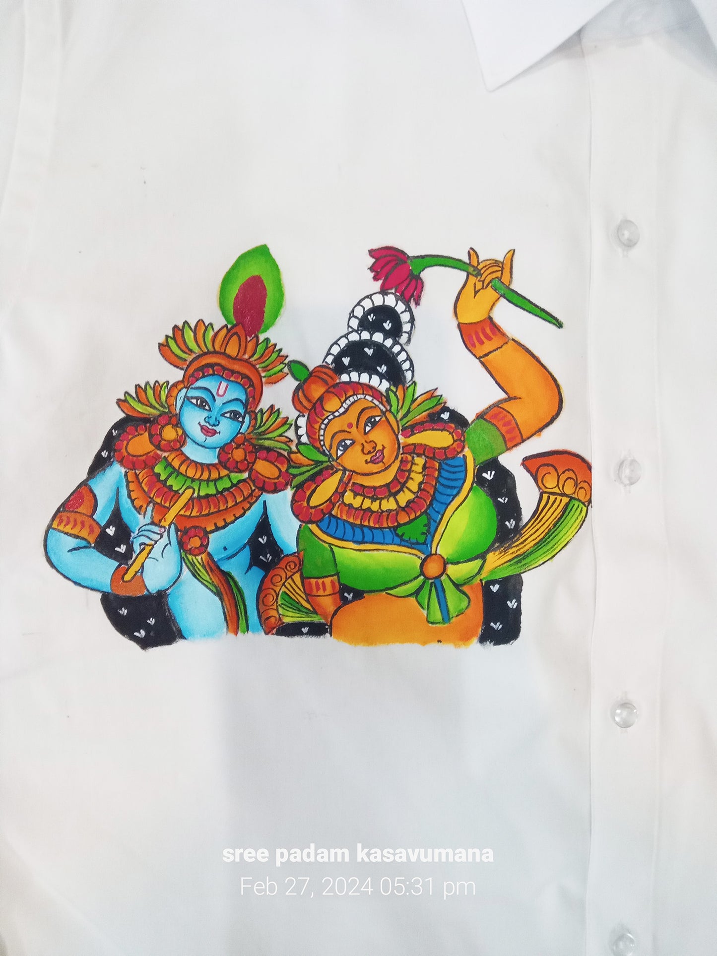 Beautiful Krisha Radha hand mural painting on white shirt