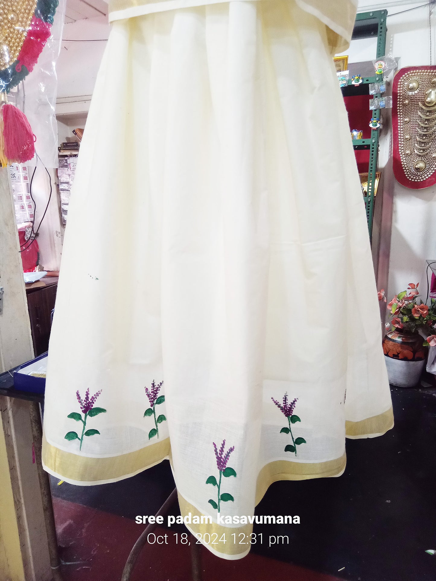 Tulasi kathir hand painting kerala cotton pattu pavada