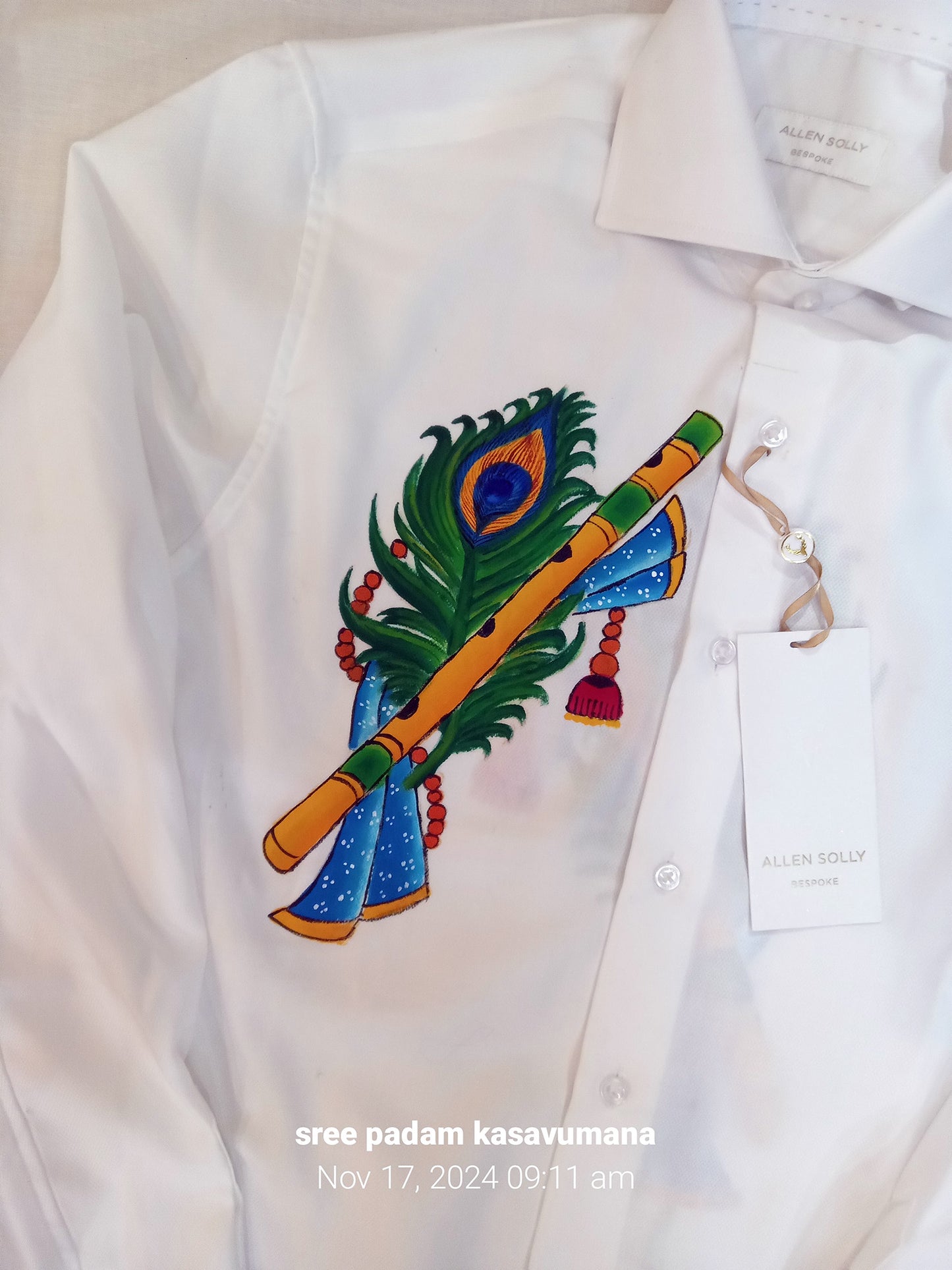 peeli with flute hand mural painting on white shirt