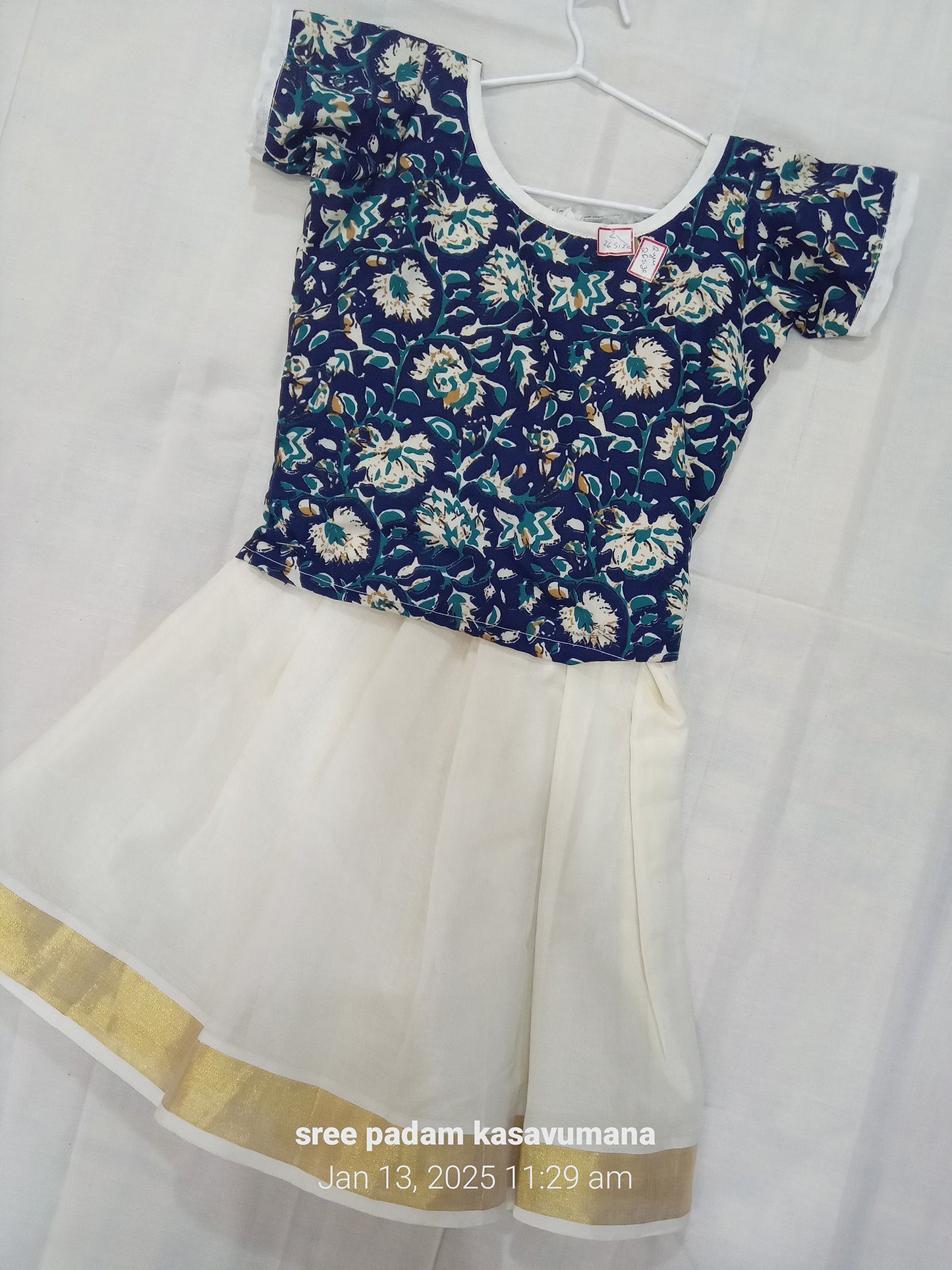 Blue Kalamkari design kerala kasavu cotton pattu pavada for kids