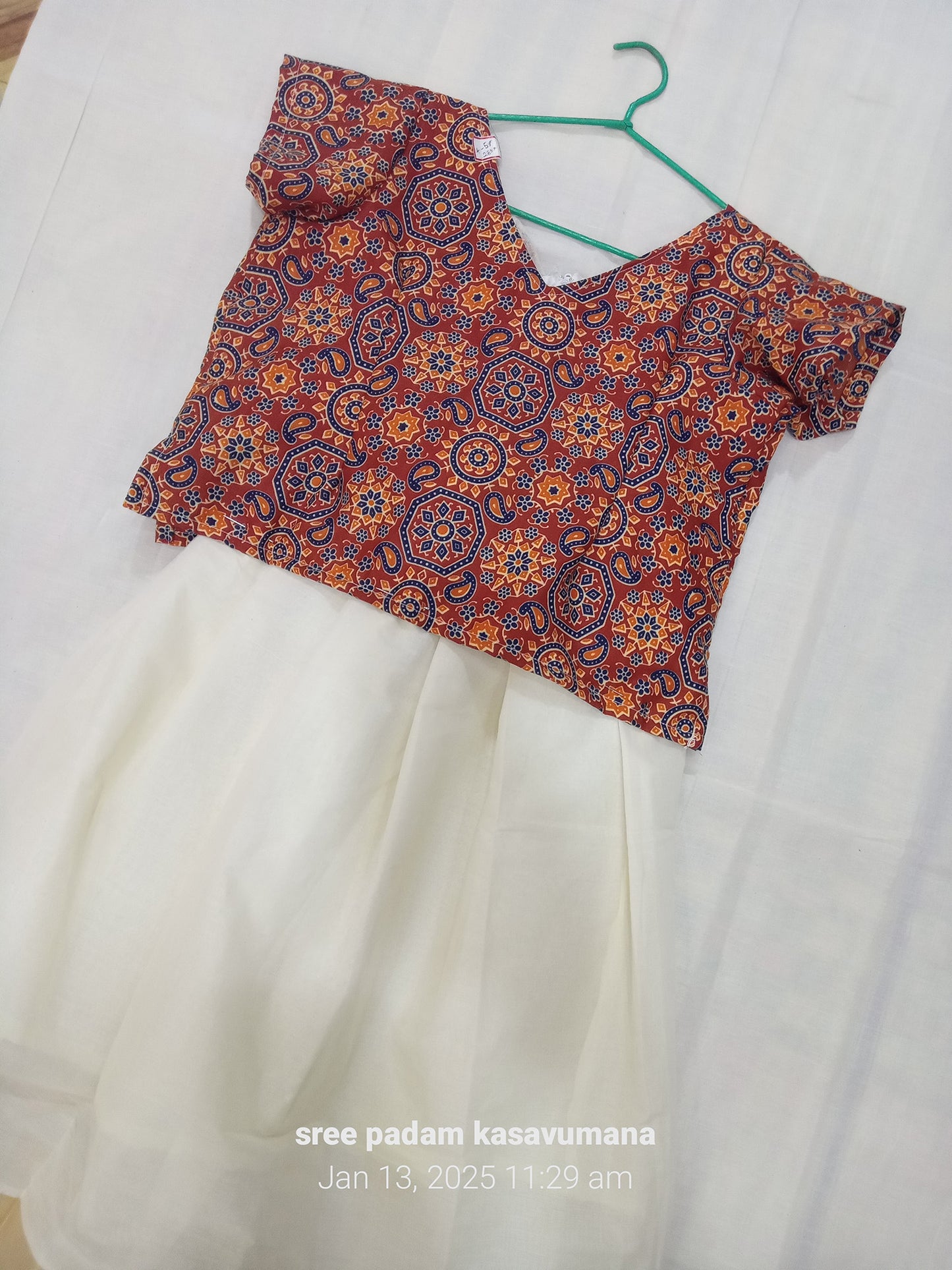 Red Kalamkari design kerala kasavu cotton pattu pavada for kids