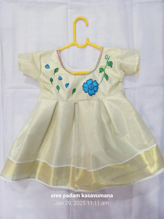 kerala cotton kasavu frock with flower mural design for kids