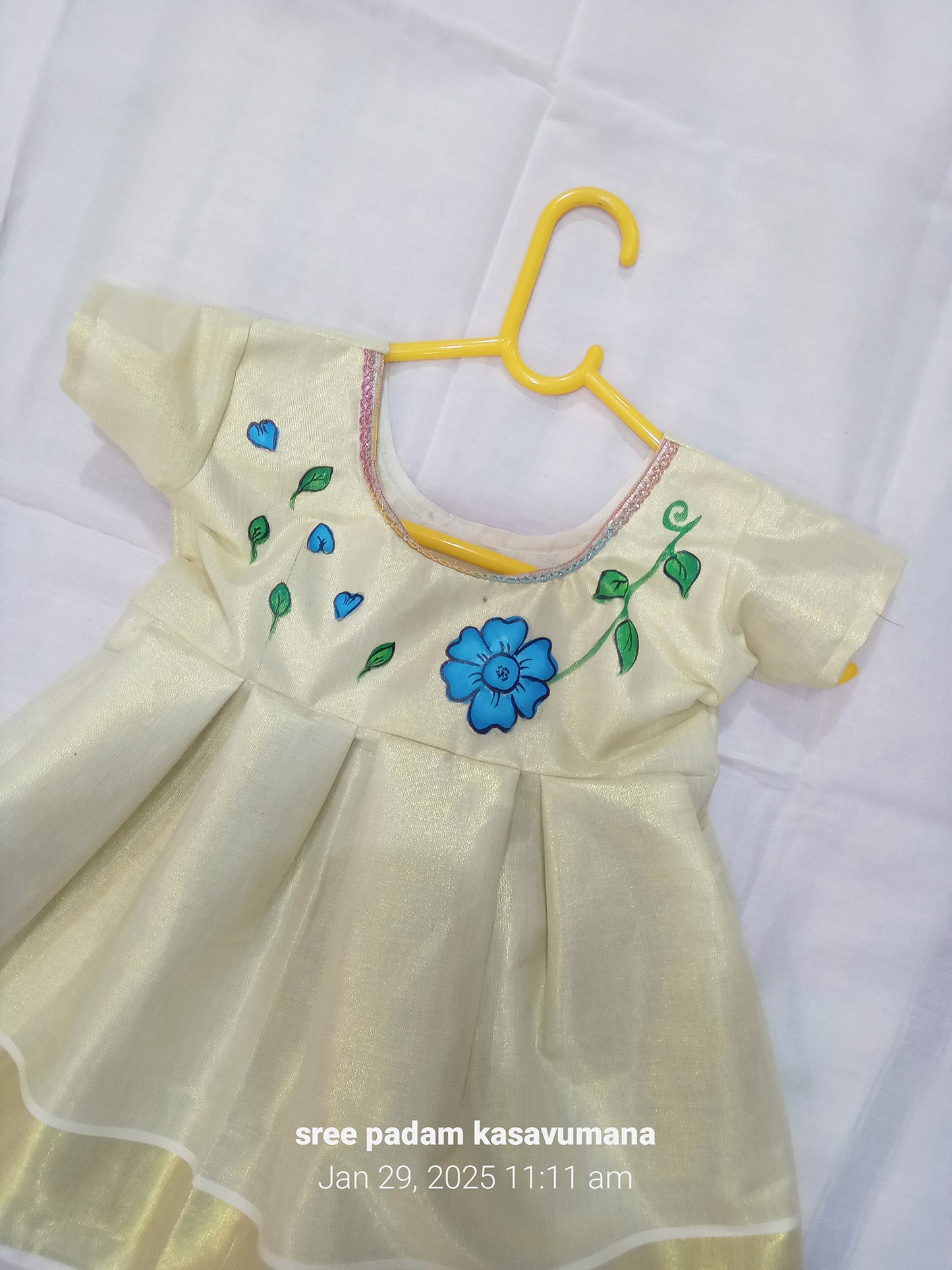 kerala cotton kasavu frock with flower mural design for kids