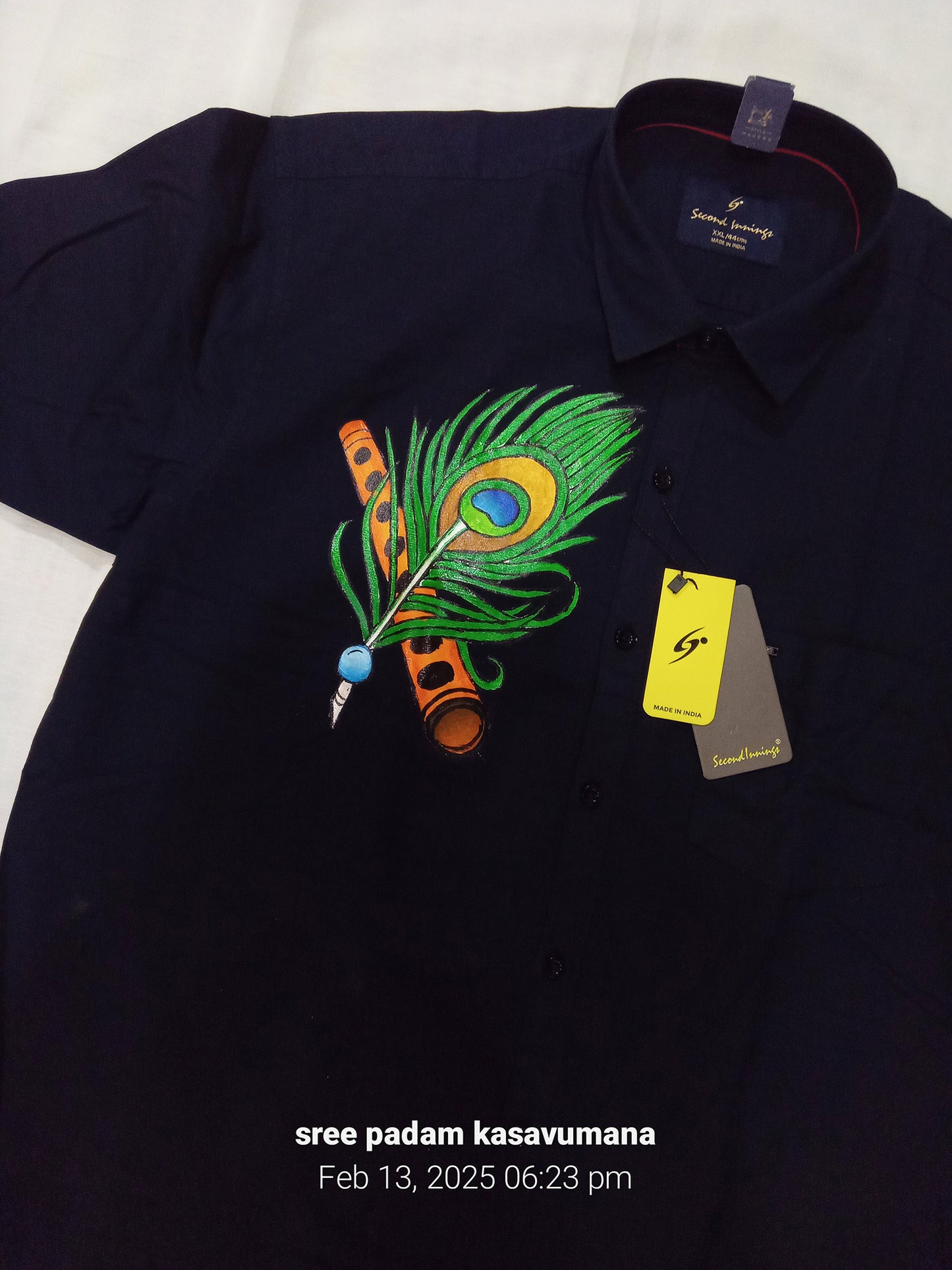 Peeli with flute hand mural painting on black cotton shirt