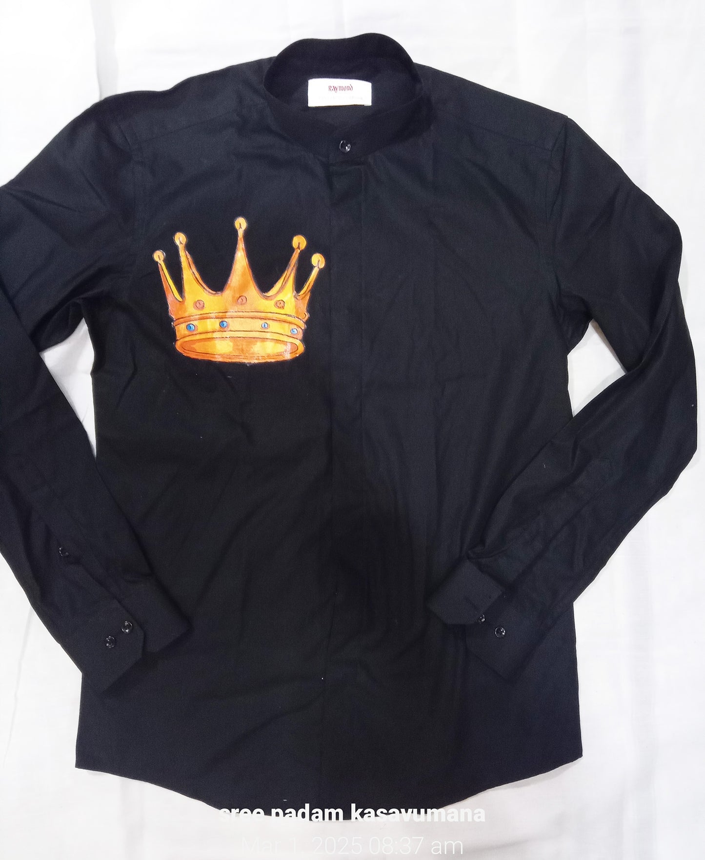 Golden crown hand painting design on black cotton shirt