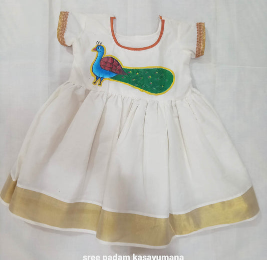 kerala cotton kasavu frock with peacock hand painting design for kids