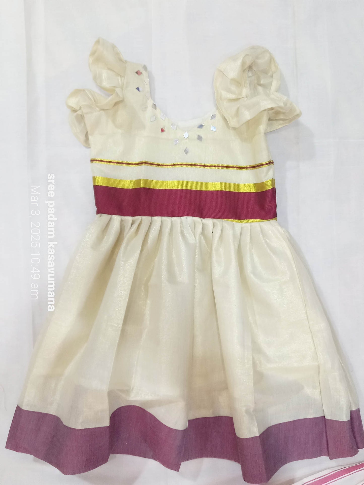 Red border tissue kerala style frock with glass work for kids