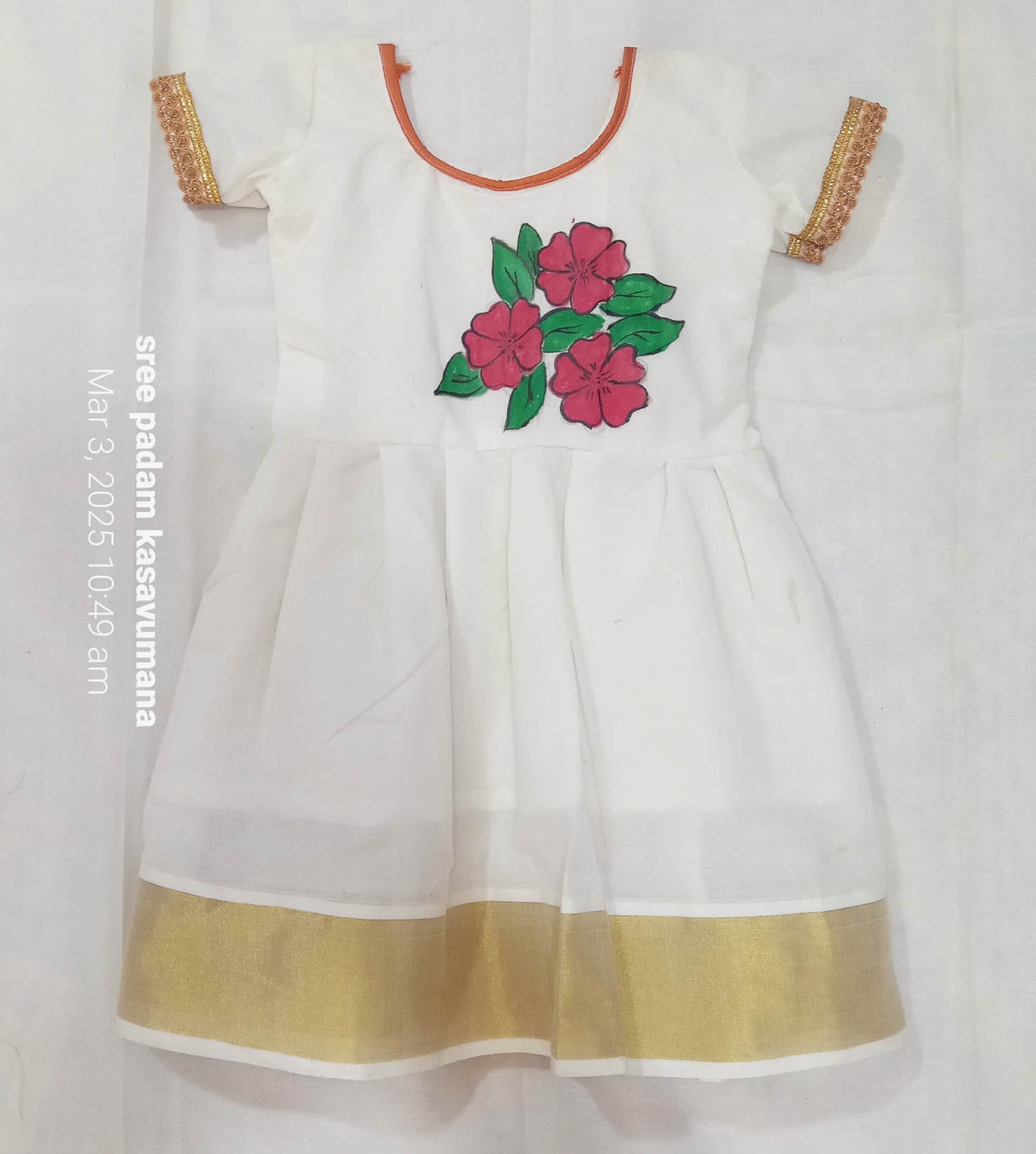 kerala cotton kasavu frock with flower hand painting design for kids