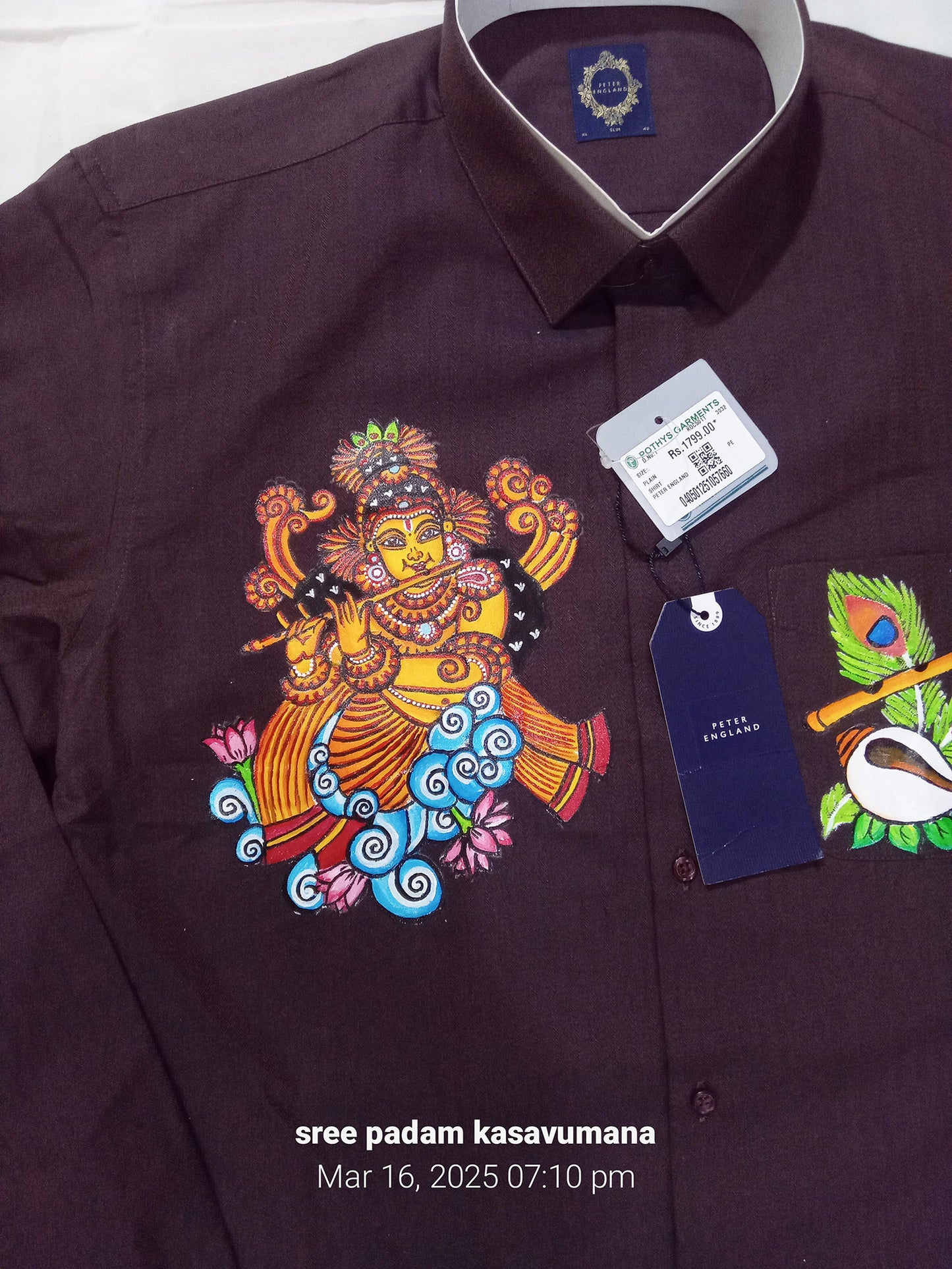 Krishna Radha mural hand painting with peeli brown cotton shirt