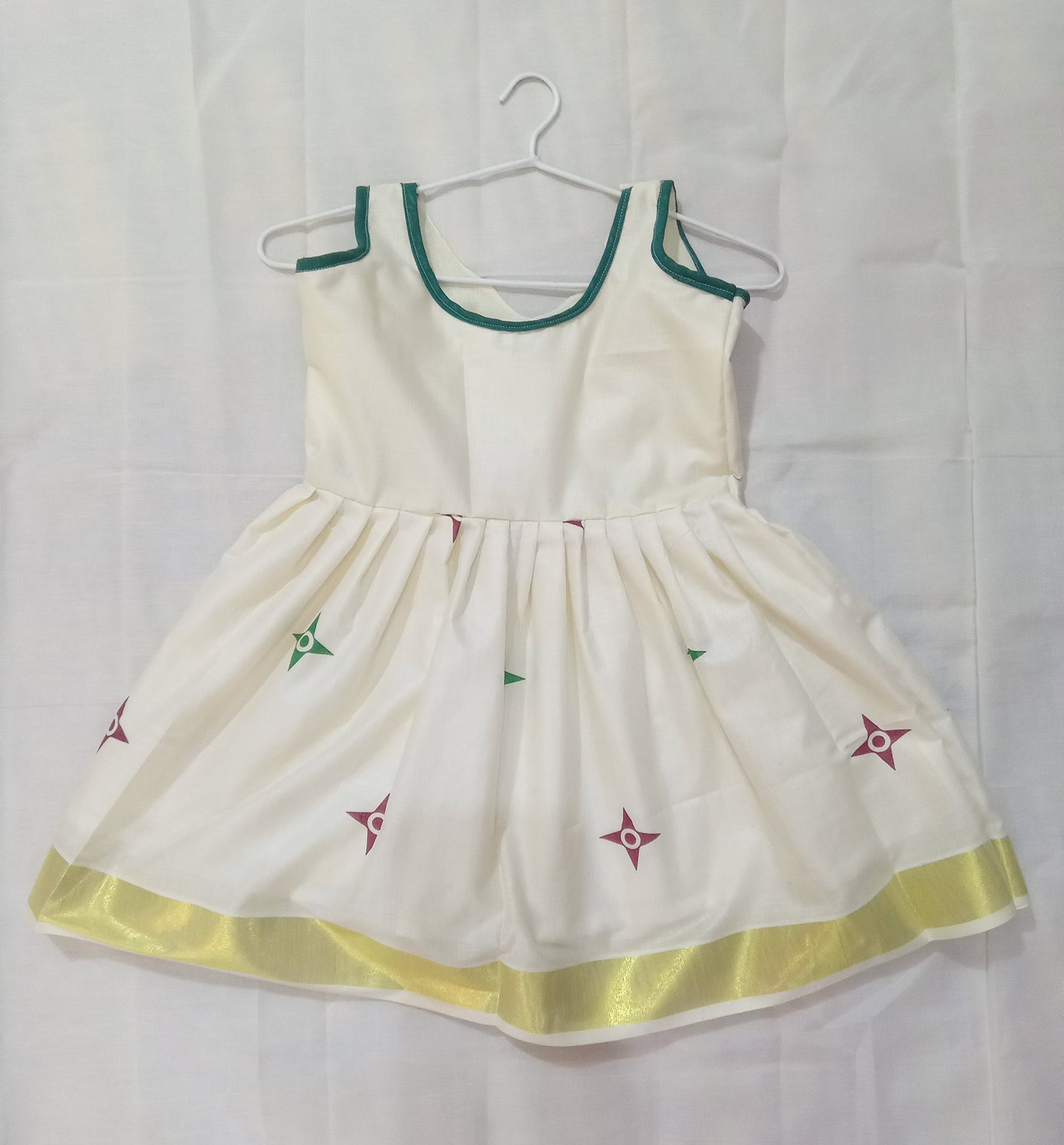 Vishu special design print cotton kerala kasavu frock for kids