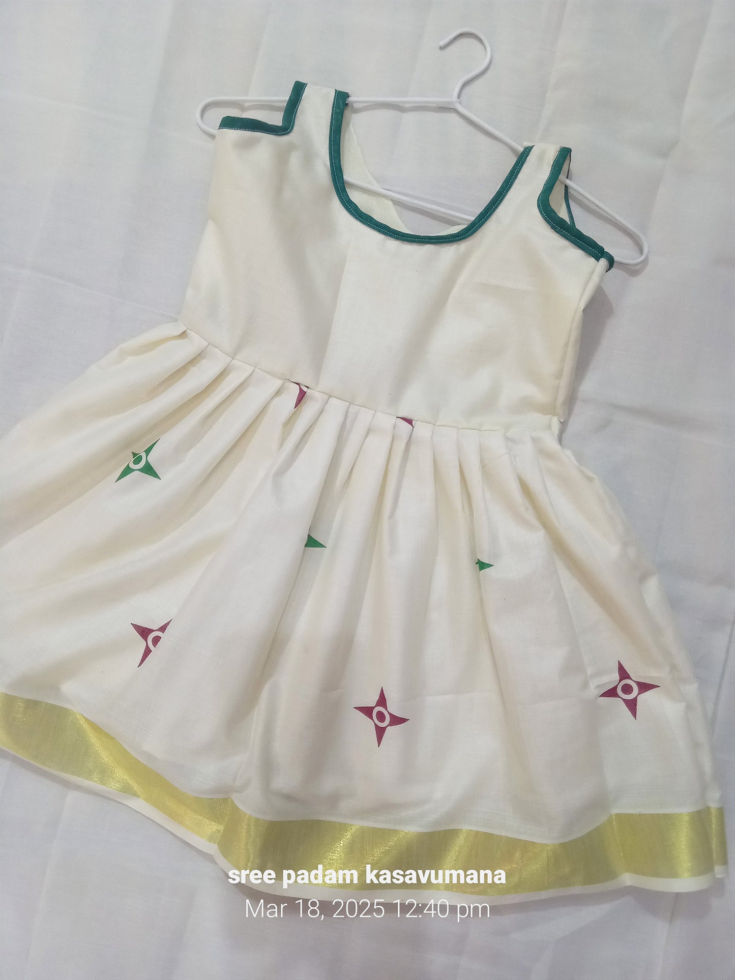 Vishu special design print cotton kerala kasavu frock for kids