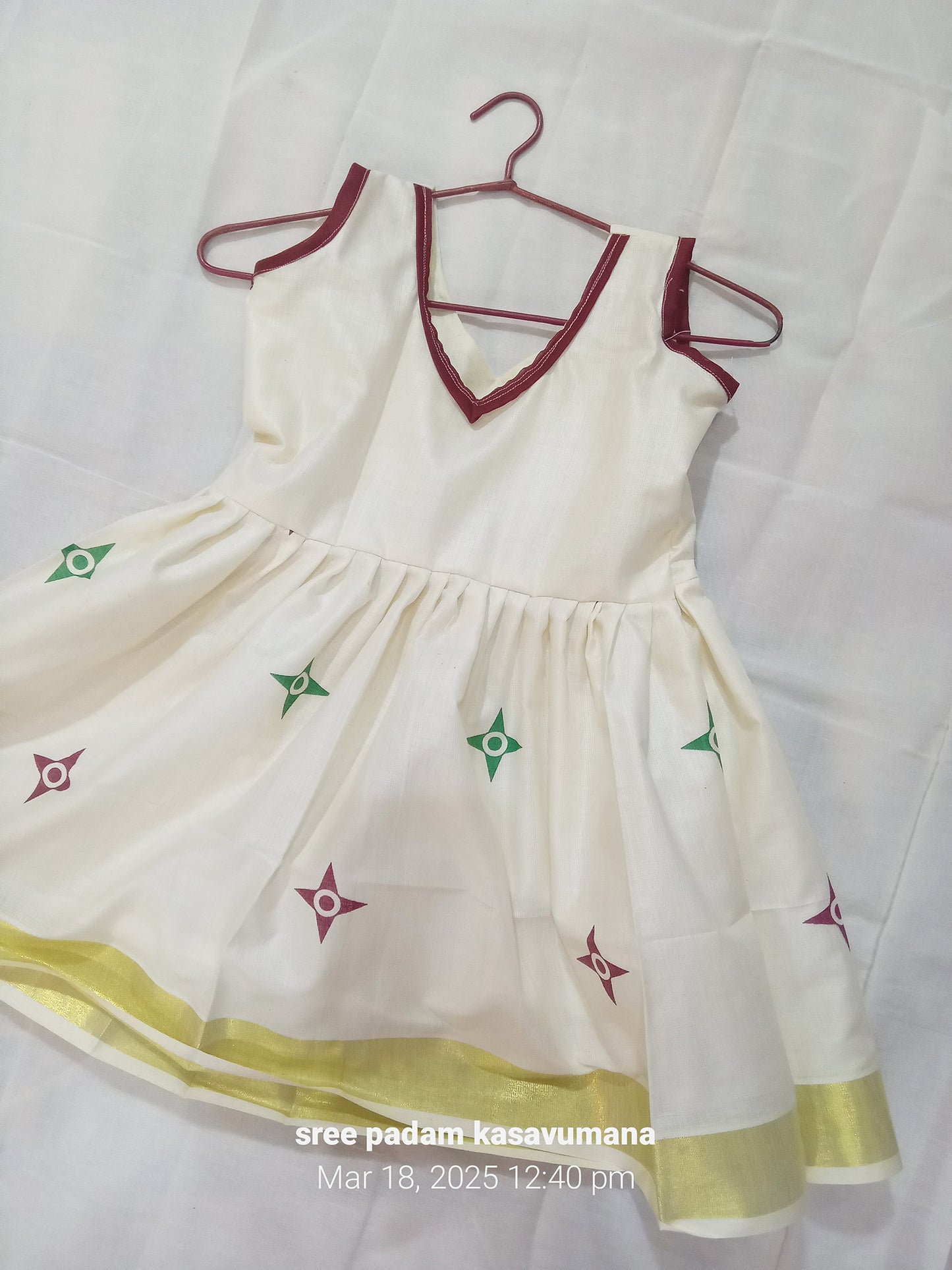 Vishu special design print kerala cotton kasavu frock for kids