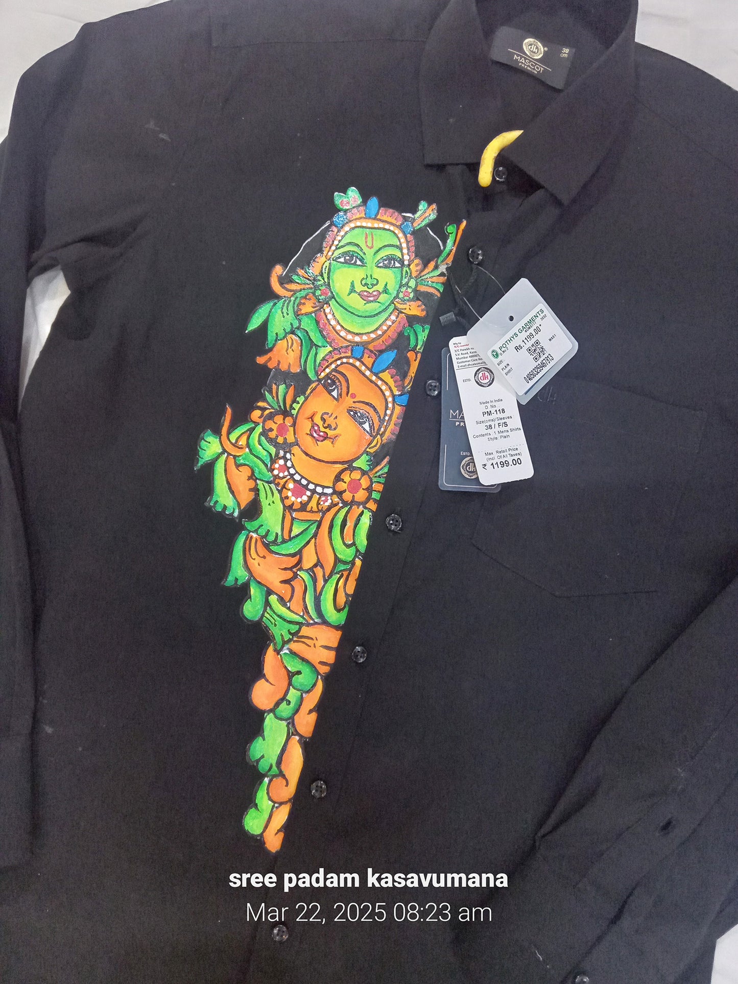 Large krishna radha hand mural painting on black shirt